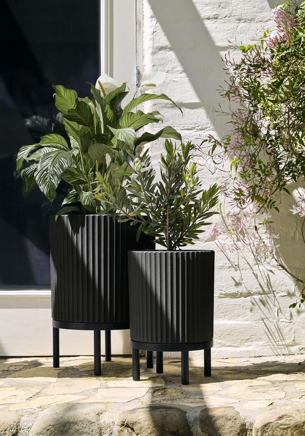 Veradek Demi Series Round Planter w/ Stand for Porch/Patio | Durable Plastic-Concrete & Wooden Stand | Modern Décor for Tall Plants, Flowers
