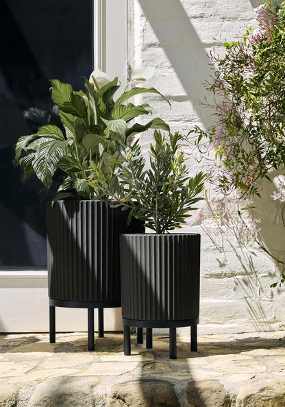 Veradek Demi Series Round Planter w/ Stand for Porch/Patio | Durable Plastic-Concrete & Wooden Stand | Modern Décor for Tall Plants, Flowers