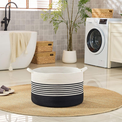 KAKAMAY Large Blanket Basket (20"x13"),Woven Baskets for storage Baby Laundry Hamper, Cotton Rope Blanket Basket for Living Room, Laundry, Nursery, Pillows, Baby Toy chest (White/Brown)
