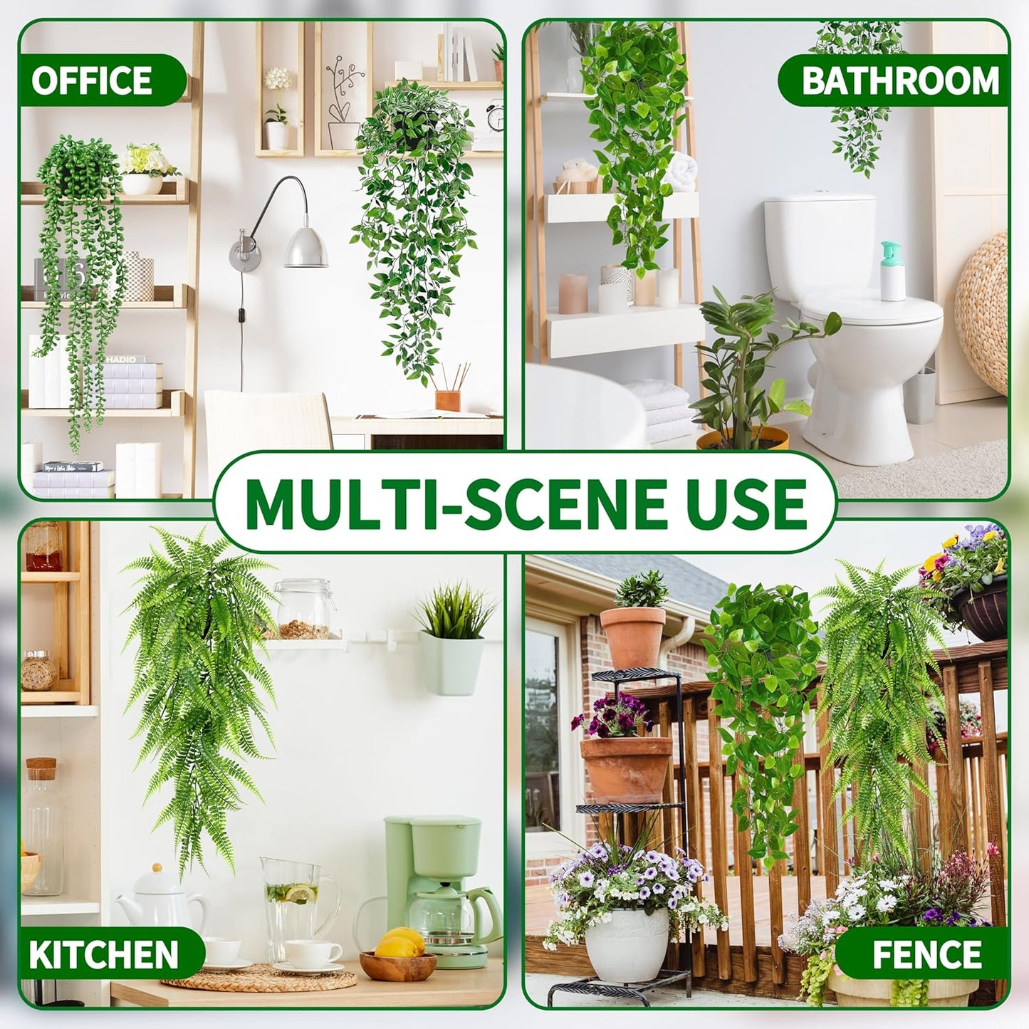 Palonu Artificial Hanging Plants for Shelf, 4 Pack Fake Potted Greenery Plant Faux Mandala Vine, String of Pearls, Ivy Vine,Persian Grass Fern in Pot for Desk Home Bathroom Farmhouse Room Table Decor