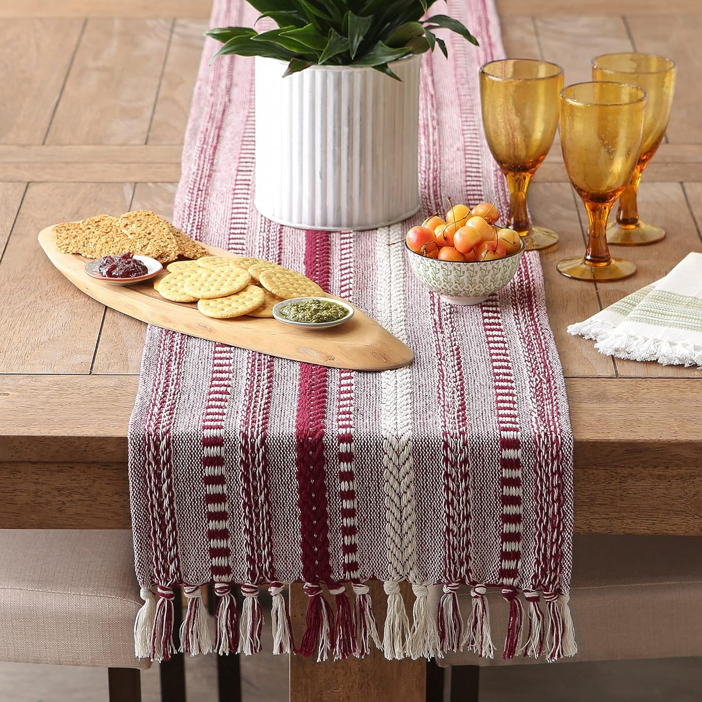 DII Farmhouse Braided Stripe Table Runner Collection, 15x72 (15x77, Fringe Included), Black