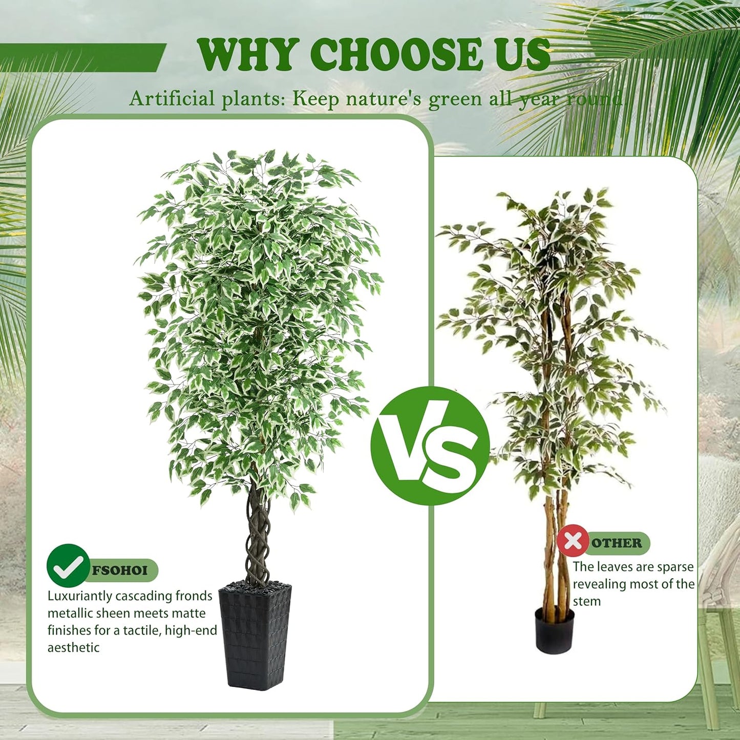 Artificial Ficus Tree 6FT Faux Plants Indoor Tall Fake Plants with White Planter, Green Lifelike Lush Fake Ficus Tree for Home Living Room Bedroom Outdoor Balcony House Office Decor