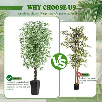 Artificial Ficus Tree 6FT Faux Plants Indoor Tall Fake Plants with White Planter, Green Lifelike Lush Fake Ficus Tree for Home Living Room Bedroom Outdoor Balcony House Office Decor