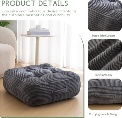HIGOGOGO 6" Extra Thick Floor Pillow Cushion for Adults, Meditation Cushion Pillow, Large Square Floor Sitting, Tufted Corduroy Cover, for Tatami Living Room or Yoga, 22x22 Inch, 2Pack, Dark Grey
