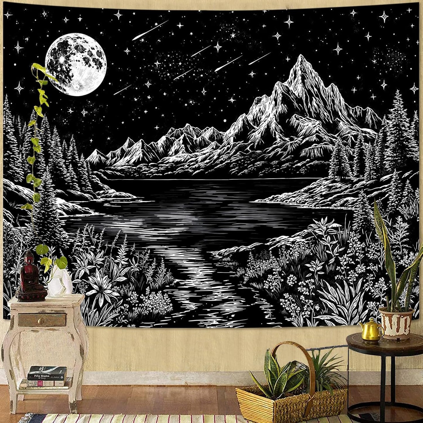 Zussun Black and White Tapestry Starry Night Mountain Tapestries for Bedroom Aesthetic Moon and Stars Tapastry's Wall Hanging Dark Nature Forest Wall Tapestry for Living Room Dorm (48'' × 36'')