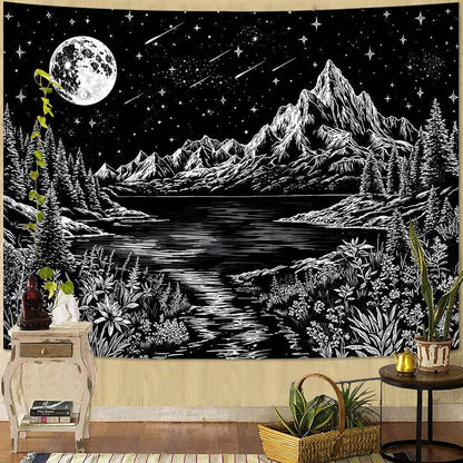 Zussun Black and White Tapestry Starry Night Mountain Tapestries for Bedroom Aesthetic Moon and Stars Tapastry's Wall Hanging Dark Nature Forest Wall Tapestry for Living Room Dorm (48'' × 36'')