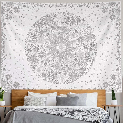 Neasow Bohemian Tapestry Wall Hanging, Beige White Floral Tapestry with Dotted Daisy Medallion Print Bedroom Boho Hippie Home Decor, 36×48 inches
