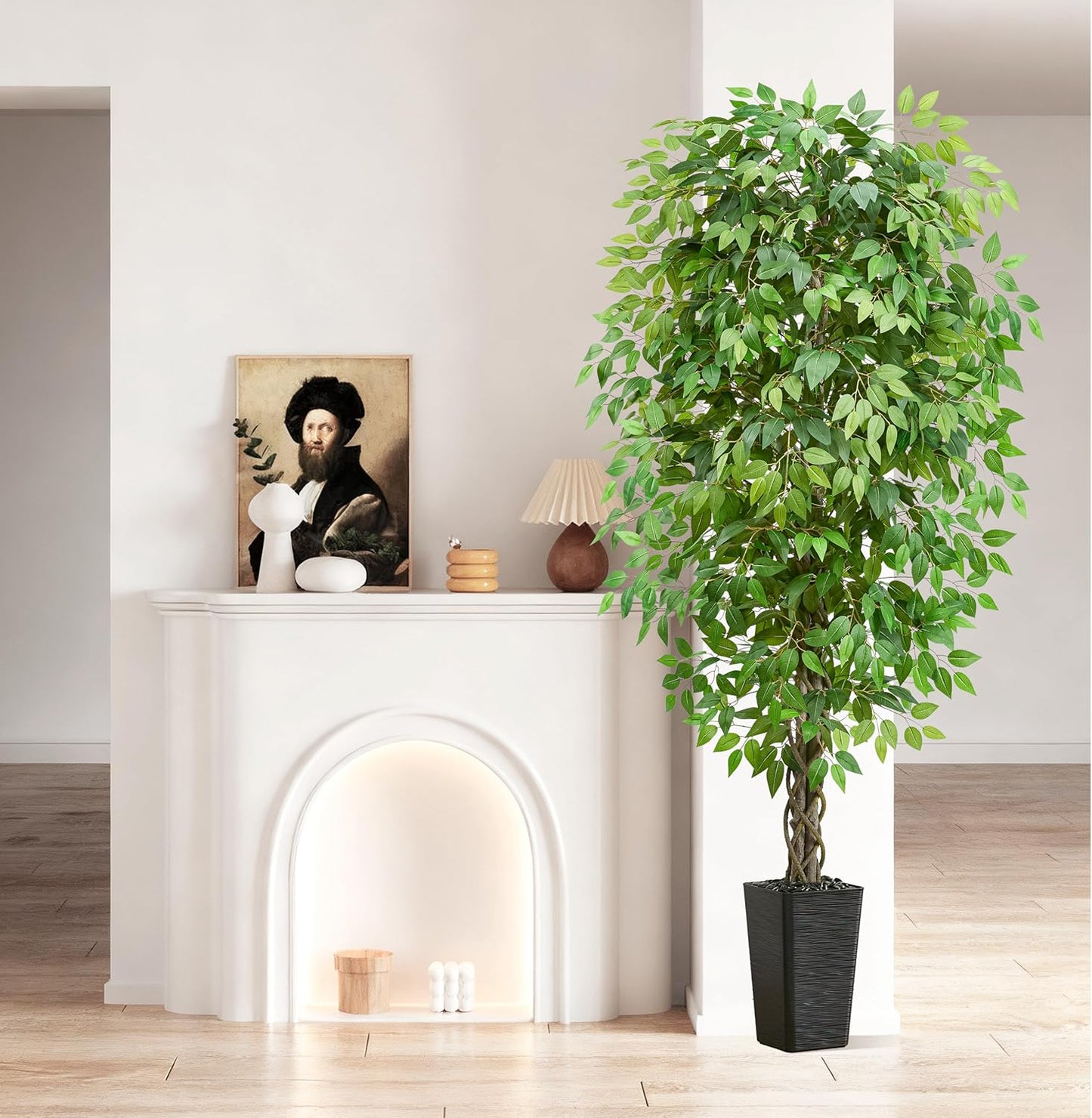Artificial Ficus Tree 6FT Faux Plants Indoor Tall Fake Plants with White Planter, Green Lifelike Lush Fake Ficus Tree for Home Living Room Bedroom Outdoor Balcony House Office Decor