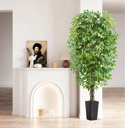 Artificial Ficus Tree 6FT Faux Plants Indoor Tall Fake Plants with White Planter, Green Lifelike Lush Fake Ficus Tree for Home Living Room Bedroom Outdoor Balcony House Office Decor