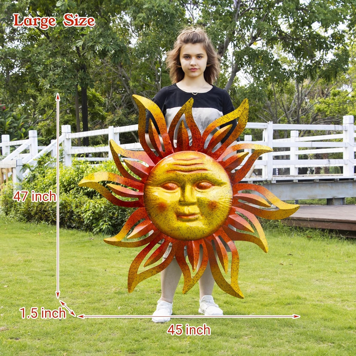 Large Sun Wall Art Decor 45 inch Metal Wall Art, Retro Hanging Decor, Valentine Wall Decorations for Patio,Yard,Garden,Fence,Living Room