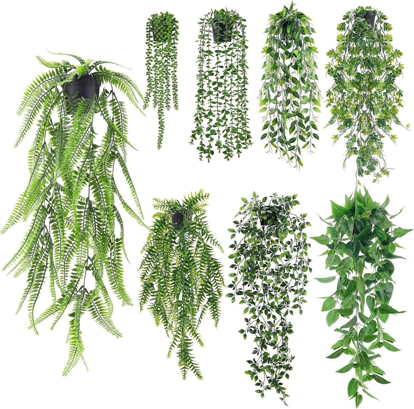 Der Rose 4Pcs Fake Plants Hanging Artificial Ivy Vine Faux Eucalyptus Hanging Plants, Boston Fern, String of Pearls for Living Room Aesthetic Bedroom Boho Kitche Wall Shelf Indoor Outdoor Decor