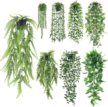 Der Rose 4Pcs Fake Plants Hanging Artificial Ivy Vine Faux Eucalyptus Hanging Plants, Boston Fern, String of Pearls for Living Room Aesthetic Bedroom Boho Kitche Wall Shelf Indoor Outdoor Decor