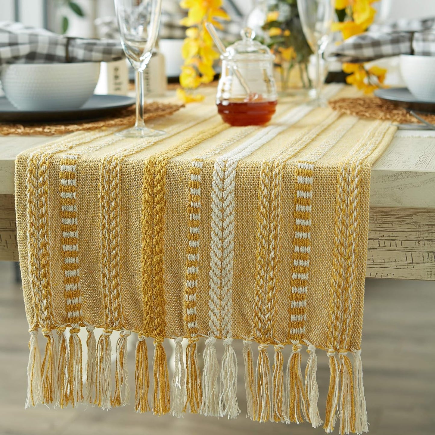 DII Farmhouse Braided Stripe Table Runner Collection, 15x72 (15x77, Fringe Included), Black
