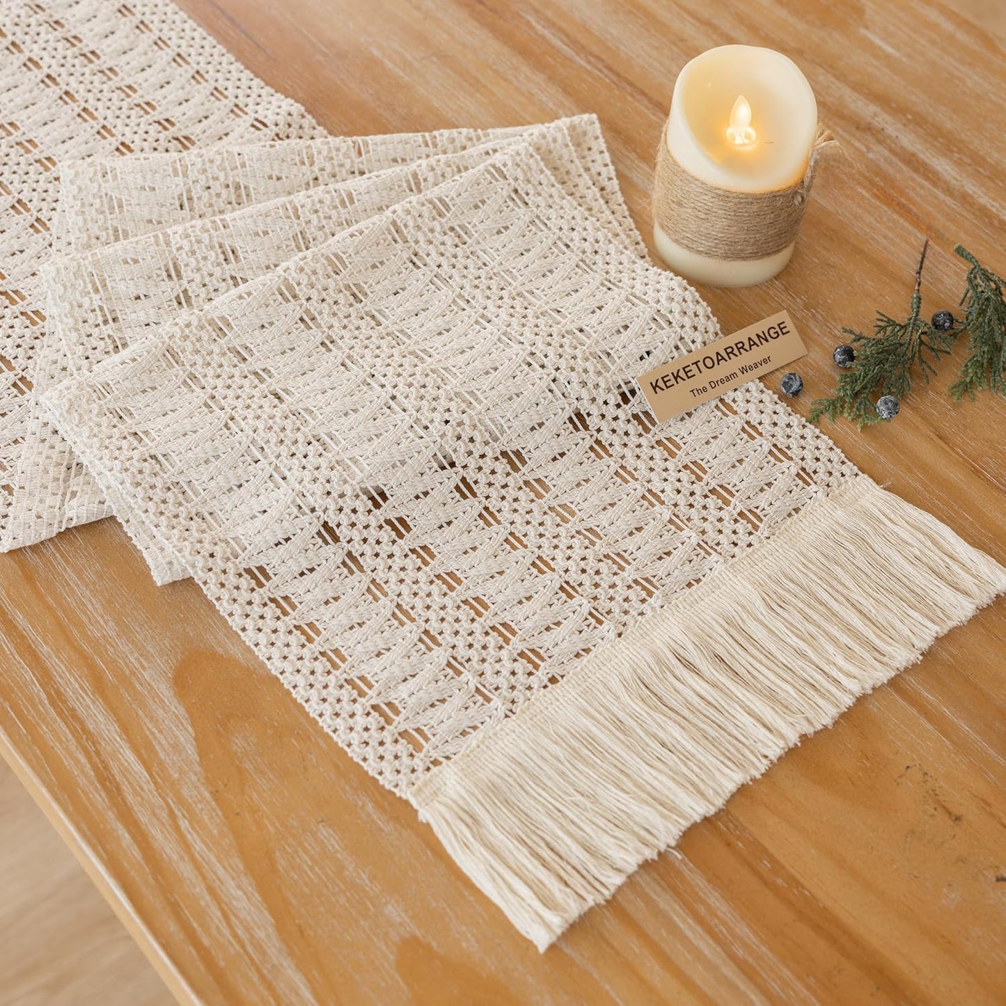 Keketoarrange Boho Sage Green Table Runner for Summer Home Decorations 12x72 Inches Farmhouse Small Macrame Woven Burlap Rustic Coffee Dresser Dining Kitchen Centerpiece Bohemian Decor