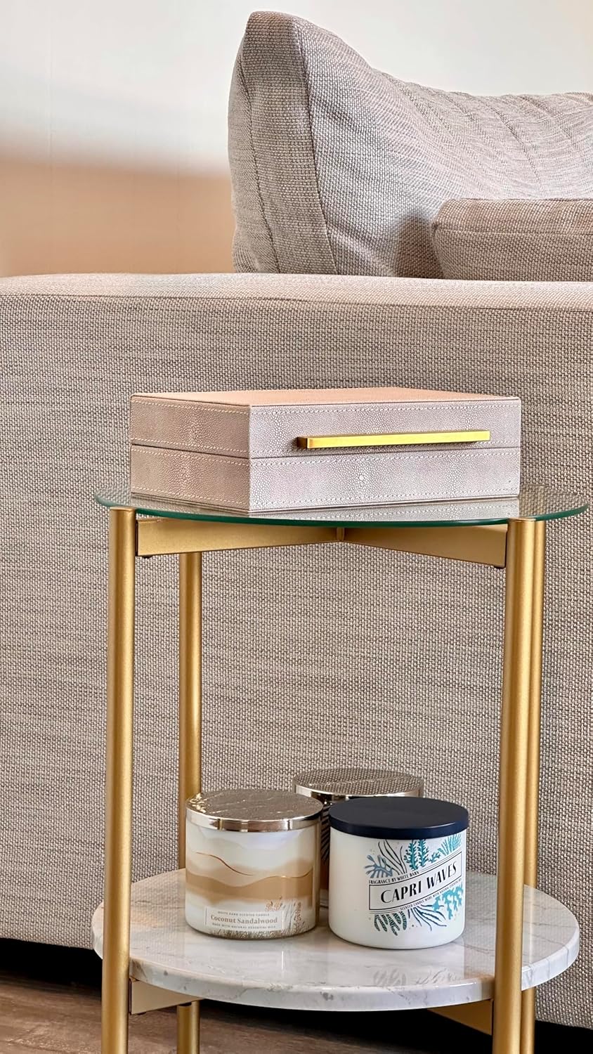 Sagala Set of 2 Ivory Shagreen Decorative Boxes With Brushed Gold Metal Handles, Faux Leather Jewelry Boxes Modern Storages Photo Memory Boxes Home Organizer Boxes (Ivory-Gold, 2pack)