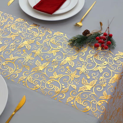 Snowkingdom 2 Pieces Gold Table Runner, Sequin Glitter Foil Metallic Thin Mesh Runner Roll 11"x108", Gold Table Decorations for Event Party, Wedding, Birthday Party, Christmas