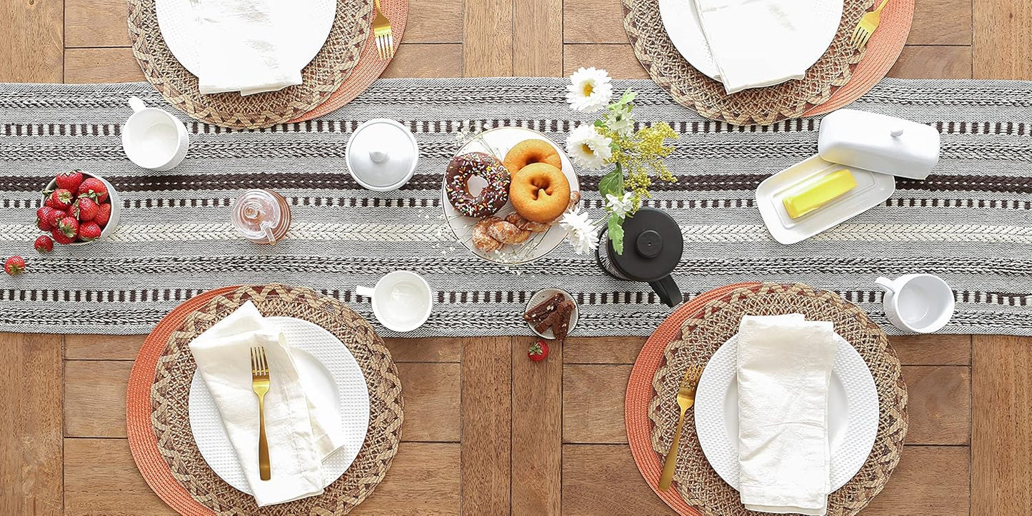 DII Farmhouse Braided Stripe Table Runner Collection, 15x72 (15x77, Fringe Included), Black
