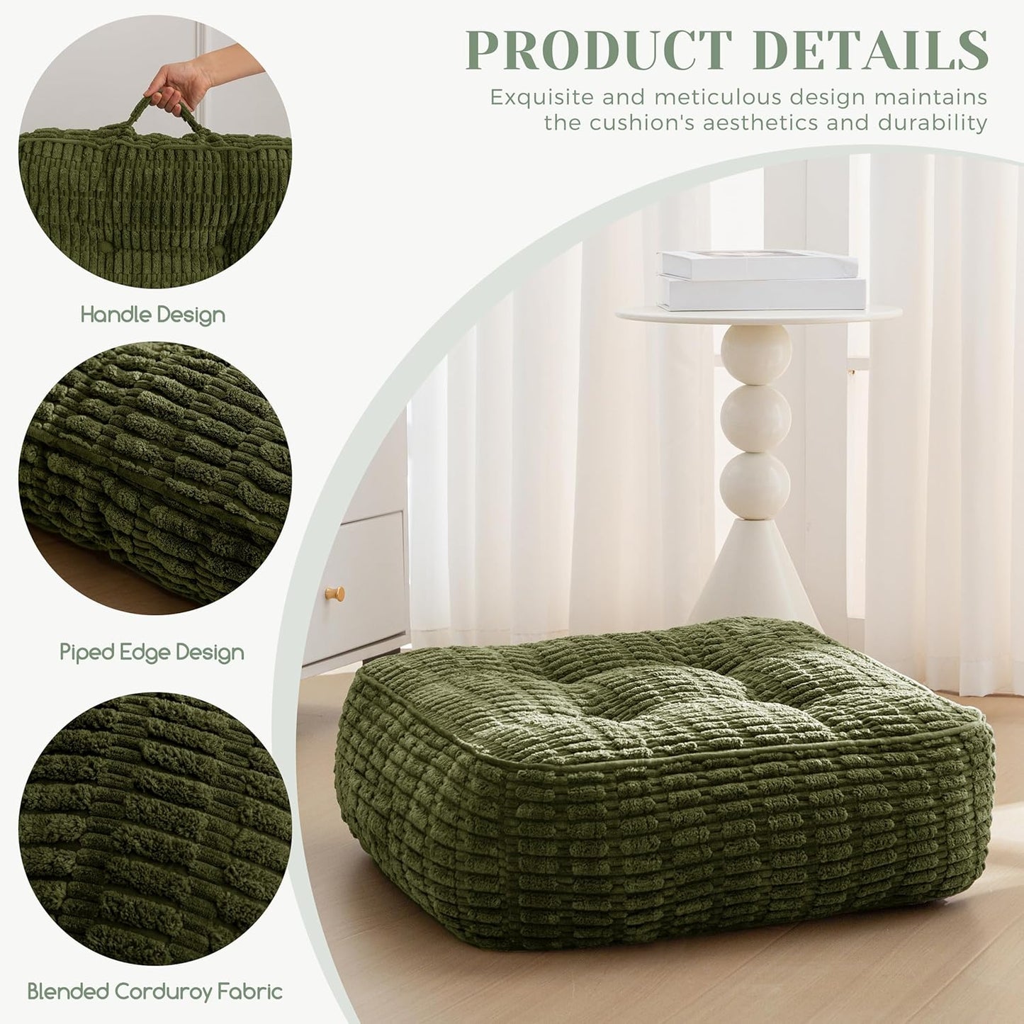 HIGOGOGO Floor Pillow Cushion for Adults, Meditation Cushion Pillow, Blended Corduroy Cover, Large Square Floor Sitting for Tatami Living Room or Yoga, 22x22 Inch, Beige