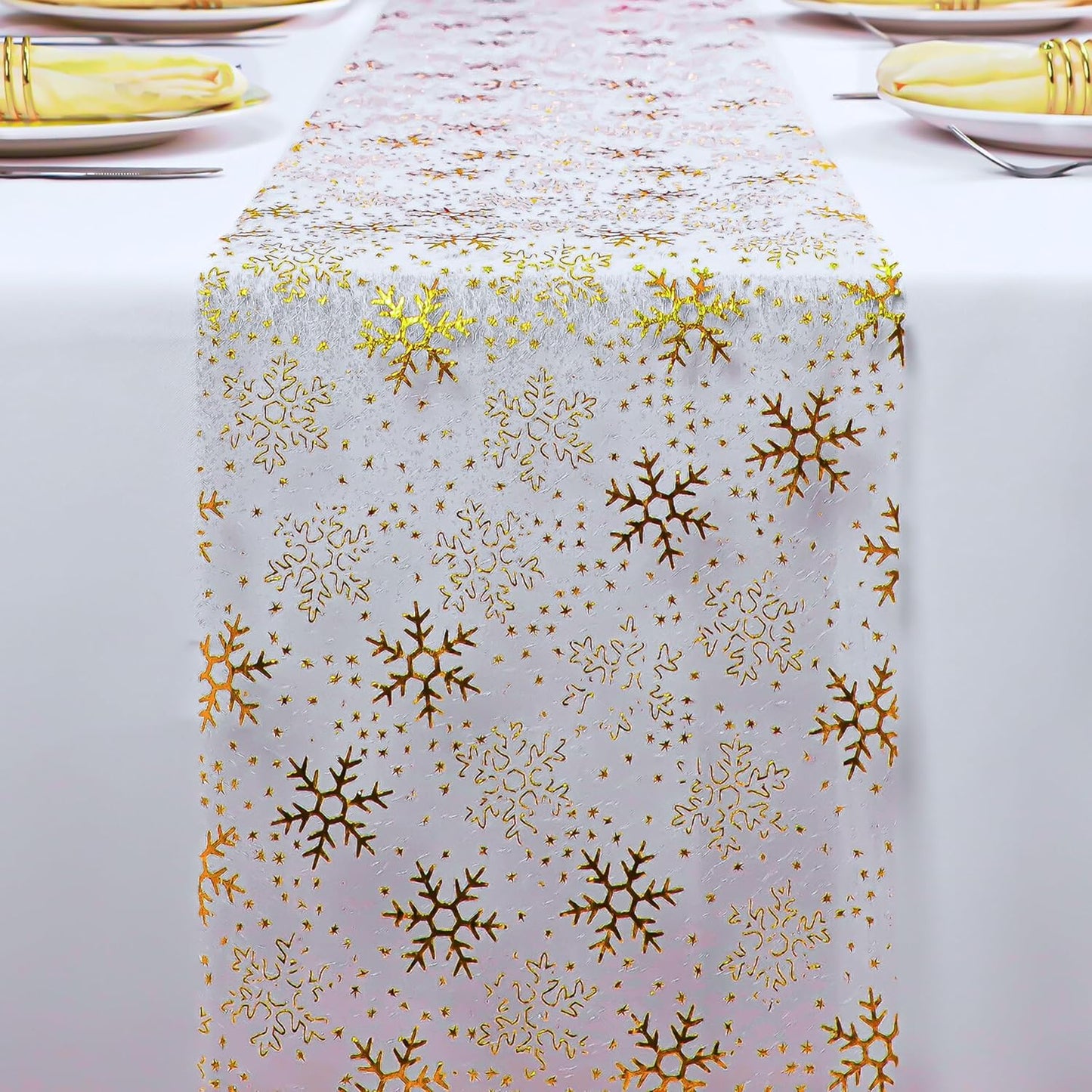 Snowkingdom 2 Pieces Gold Table Runner, Sequin Glitter Foil Metallic Thin Mesh Runner Roll 11"x108", Gold Table Decorations for Event Party, Wedding, Birthday Party, Christmas
