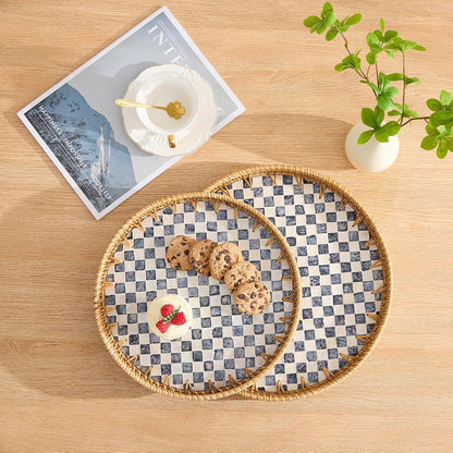 Round Rattan Tray with Mother of Pearl Inlay, Rattan Serving Tray with Wooden Base, Decorative Wicker Basket for Table Decor, Storage and Display of Coffee Bread Food Fruit (Leaf)