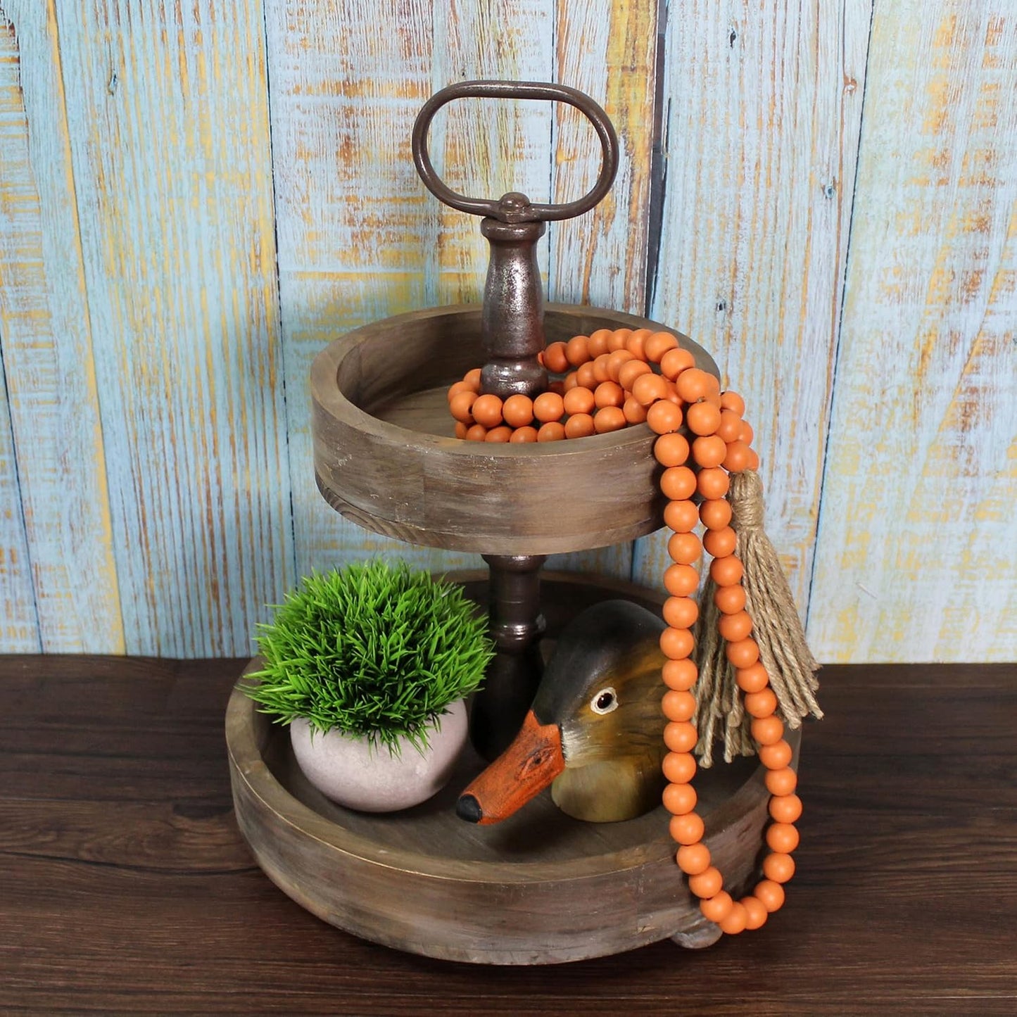 CVHOMEDECO. Wood Beads Garland with Tassels Farmhouse Rustic Wooden Prayer Bead String Wall Hanging Accent for Home Festival Decor. Mix Distressed
