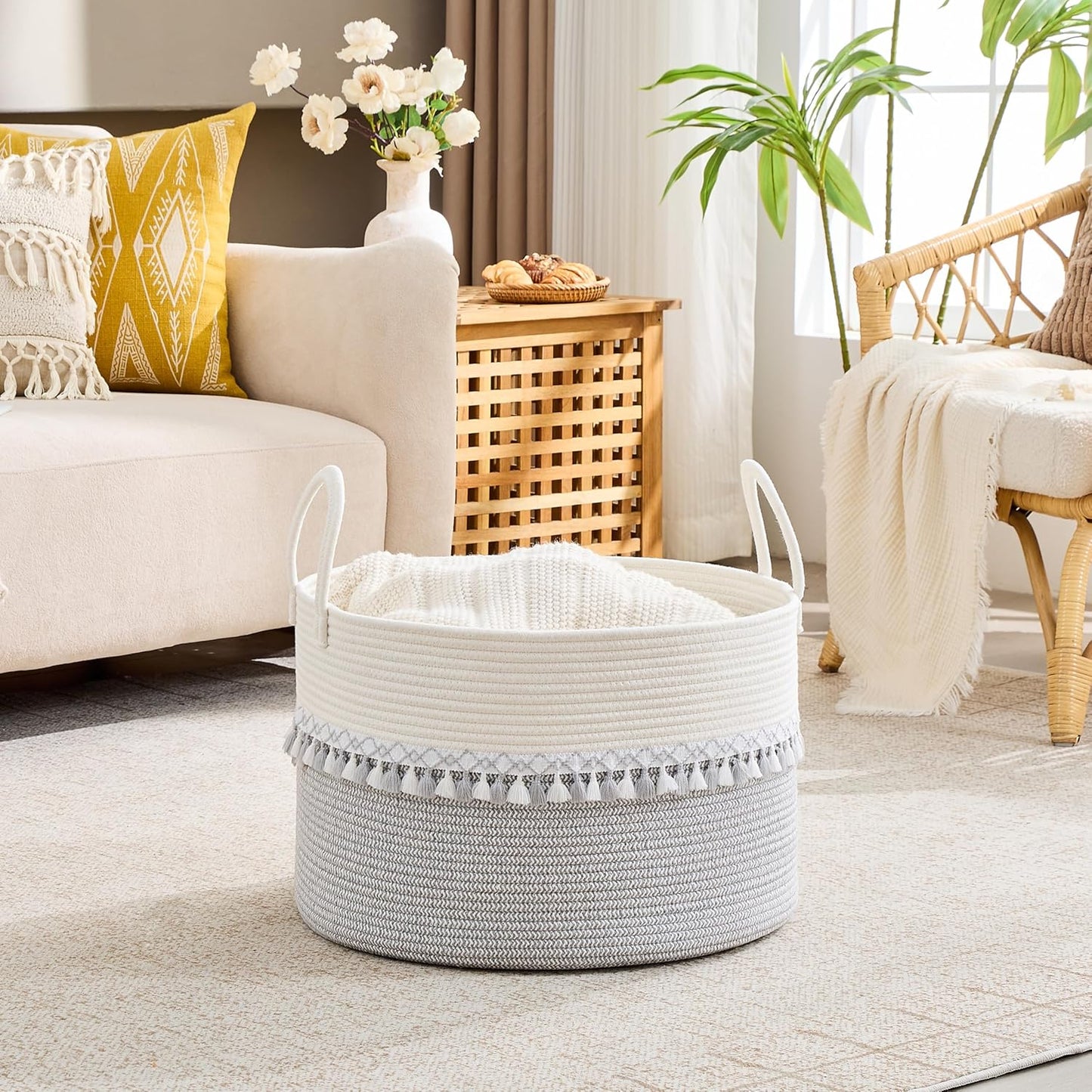 KAKAMAY Large Blanket Basket (20"x13"),Woven Baskets for storage Baby Laundry Hamper, Cotton Rope Blanket Basket for Living Room, Laundry, Nursery, Pillows, Baby Toy chest (White/Brown)
