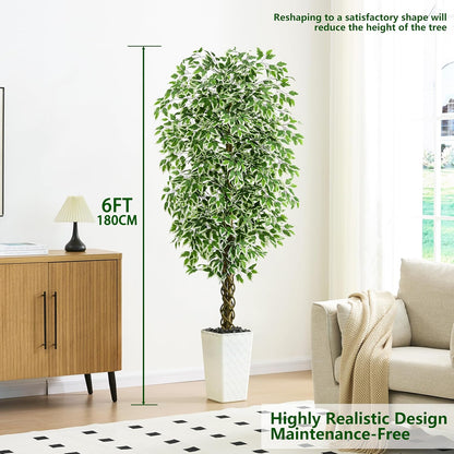 Artificial Ficus Tree 6FT Faux Plants Indoor Tall Fake Plants with White Planter, Green Lifelike Lush Fake Ficus Tree for Home Living Room Bedroom Outdoor Balcony House Office Decor