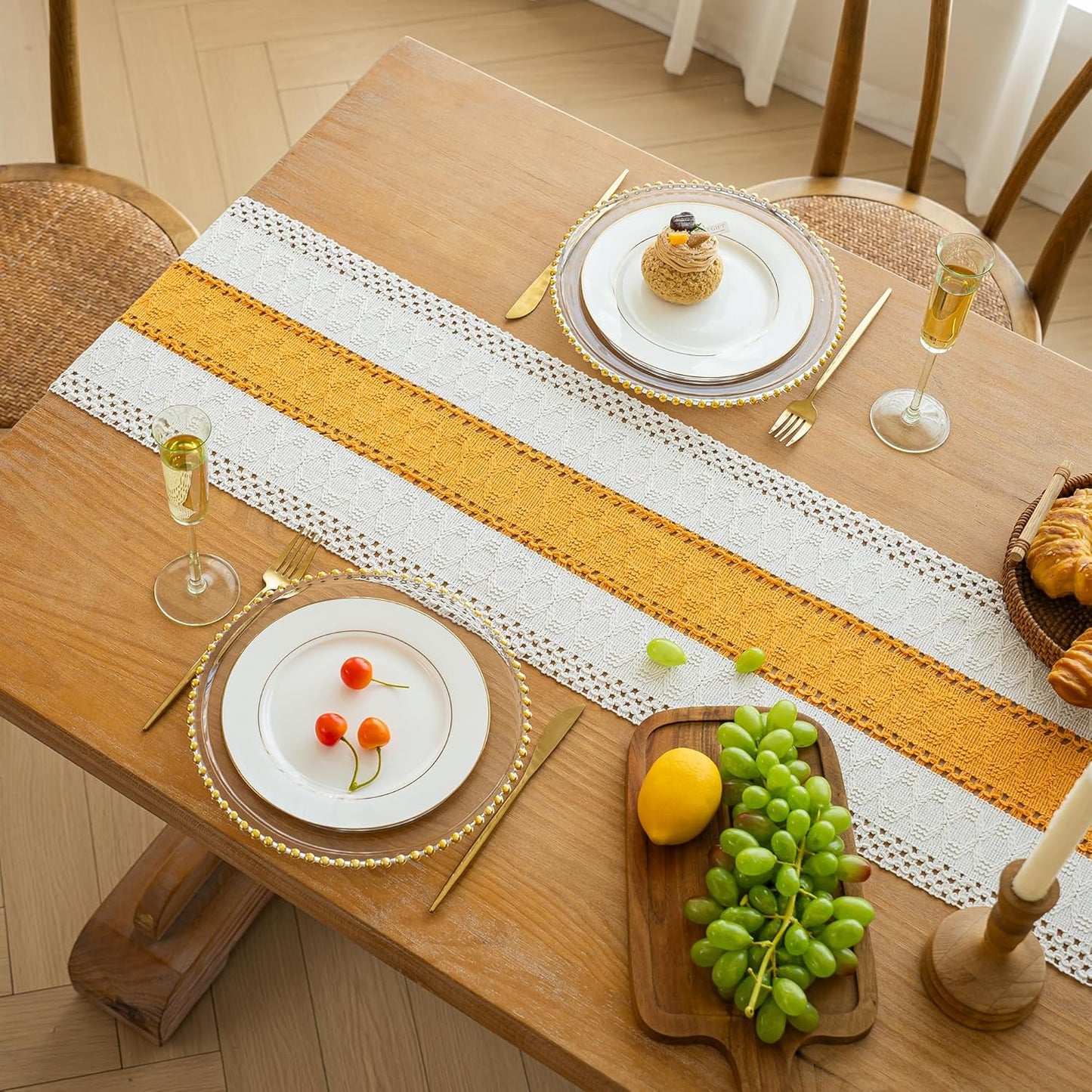 FEXIA Boho Table Runner for Thanksgiving Fall Christmas Home Decor with Tassels 72 Inches Long Pottery barn Furniture Farmhouse Rustic Macrame Burlap Table Decoration for Living Room (12x72 Inches)