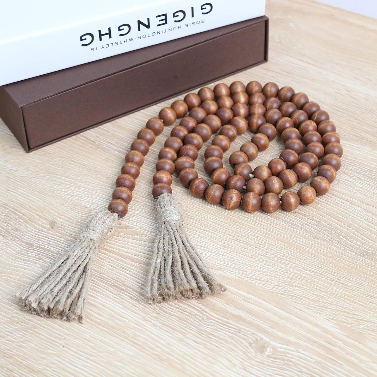 58in Wood Bead Garland with Tassels, Farmhouse Rustic Country Decor Prayer Boho Wall Hanging Decoration (Nature)
