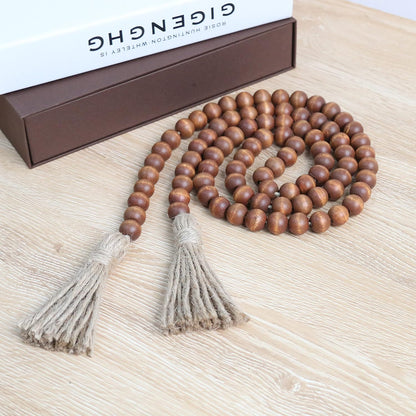 58in Wood Bead Garland with Tassels, Farmhouse Rustic Country Decor Prayer Boho Wall Hanging Decoration (Nature)