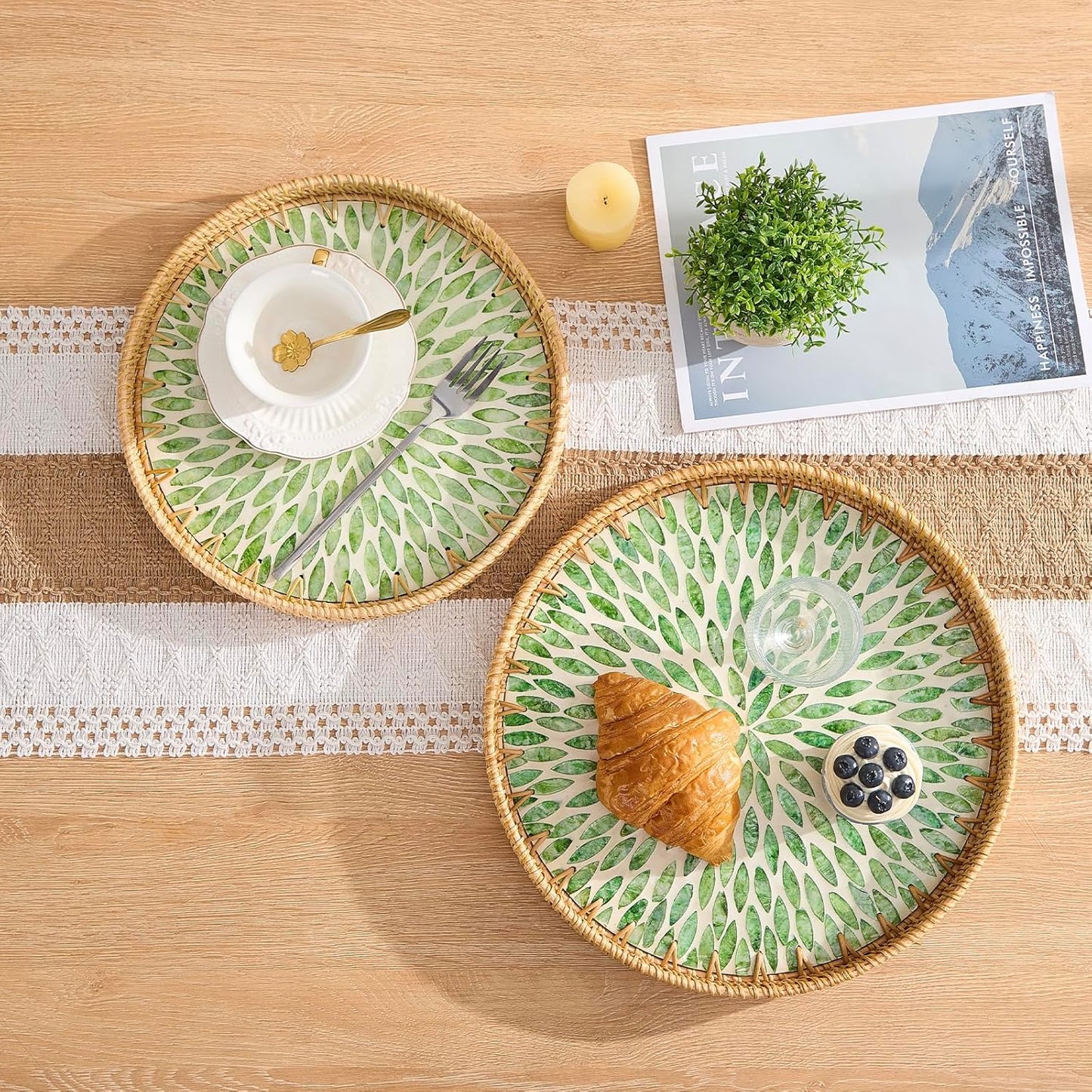 Round Rattan Tray with Mother of Pearl Inlay, Rattan Serving Tray with Wooden Base, Decorative Wicker Basket for Table Decor, Storage and Display of Coffee Bread Food Fruit (Leaf)