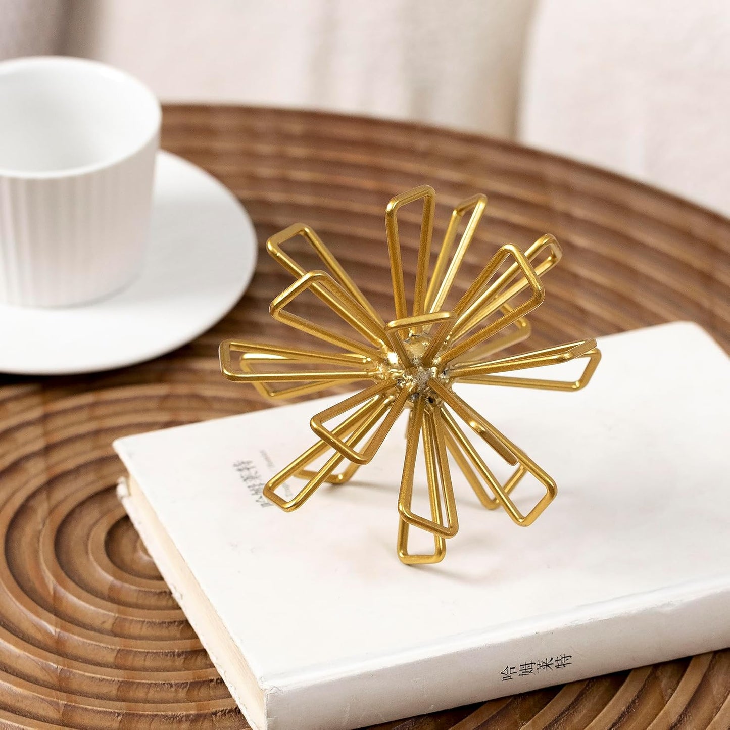 5.5" Gold Metal Geometric Sculpture, Modern Square Decorative Sphere, Small Tabletop Decoration Ball for Home Office Table Shelf Living Room Bedroom Desk Decor