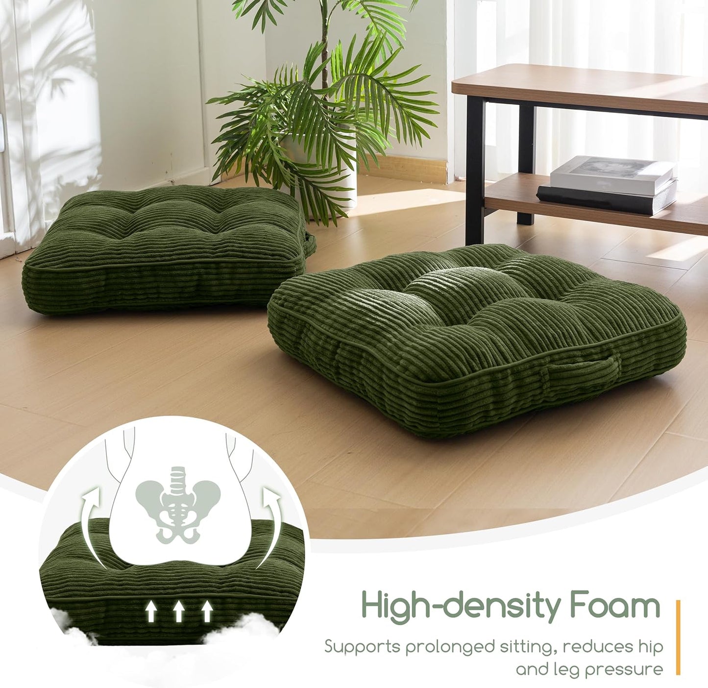 HIGOGOGO 6" Extra Thick Floor Pillow Cushion for Adults, Meditation Cushion Pillow, Large Square Floor Sitting, Tufted Corduroy Cover, for Tatami Living Room or Yoga, 22x22 Inch, 2Pack, Dark Grey