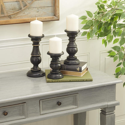 Deco 79 Mango Wood Decorative Candle Holder Distressed Turned Pillar Candle Stand, Set of 3 Candlestick Holder 6", 8", 10"H, Light Blue