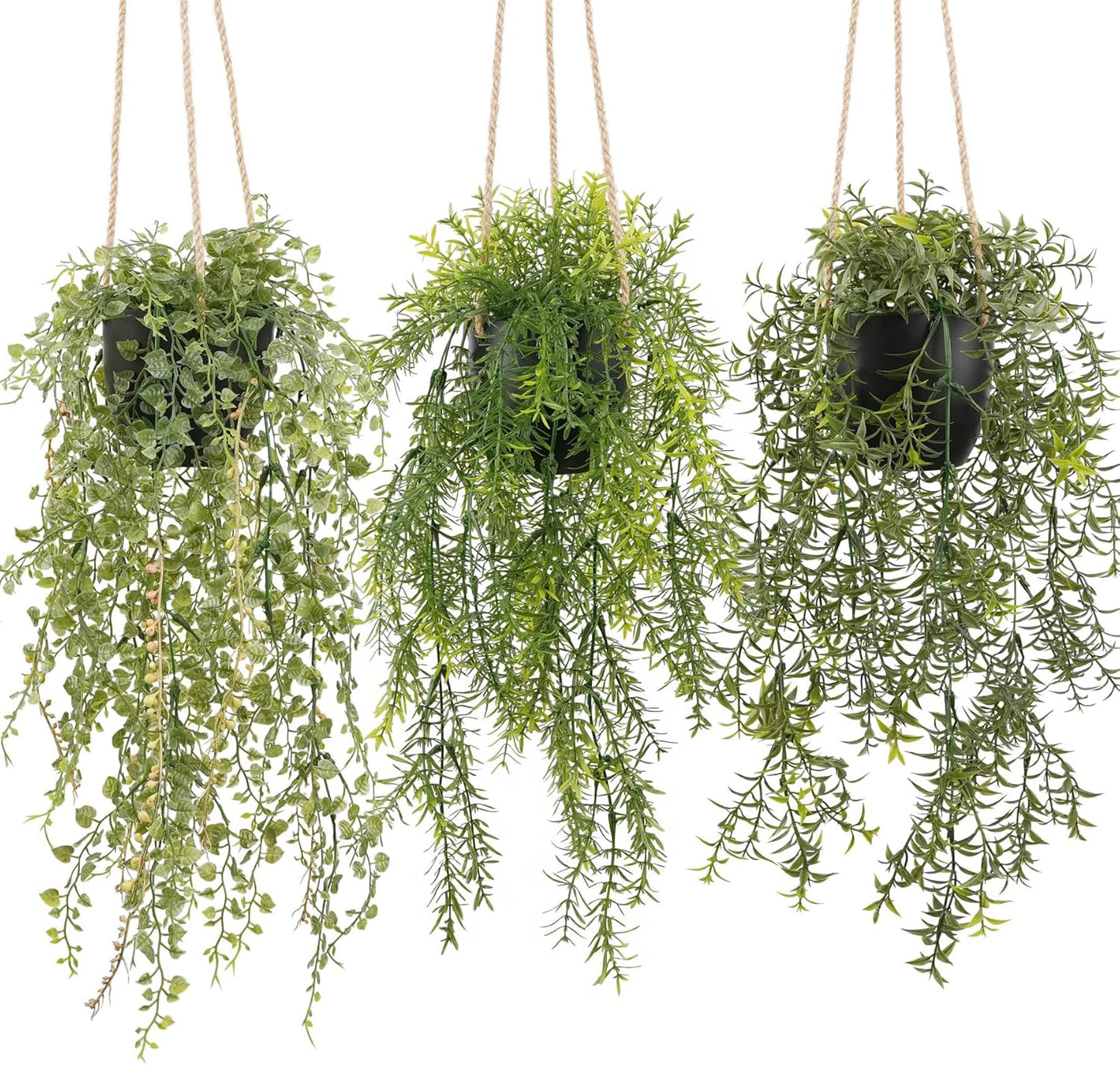 3 Packs Fake Hanging Plants with Black Pots, 20" Artificial Hanging Plants for Wall Decor, Fake Fern Plants Mandala Vine for Home Bathroom Bedroom Kitchen Office Room Decor