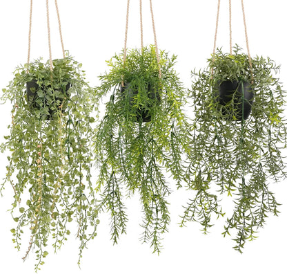 3 Packs Fake Hanging Plants with Black Pots, 20" Artificial Hanging Plants for Wall Decor, Fake Fern Plants Mandala Vine for Home Bathroom Bedroom Kitchen Office Room Decor