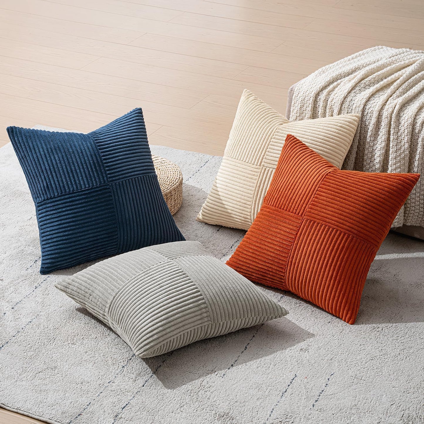 MIULEE Teal Orange Decorative Throw Pillow Covers 18x18 Inch Set of 4 Boho Corduroy Striped Cushion Cases Modern Farmhouse Patchwork Pillow Cases for Couch Sofa Bedroom Home Decor
