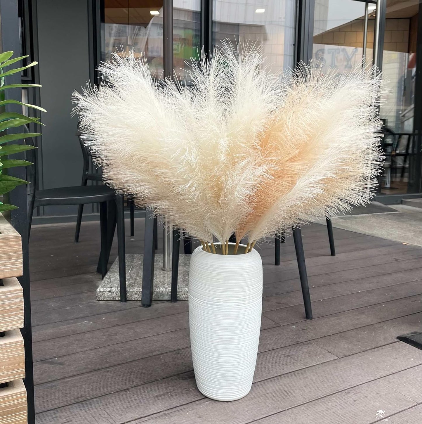 Ouddy Decor 8 Pcs Faux Pampas Grass Decor 38''/97cm Tall Artificial Large Pompous Pompas Floral Fluffy Fake Plants Floor Vase Filler for Wedding Kitchen Home Boho Decorations, Mixed Beige