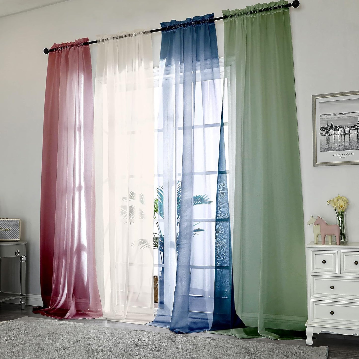 Chyhomenyc Sheer White Valances for Windows 2 Pack, Small Window Curtains for Living Room Bathroom Cafe Laundry Basement, Modern Top Dual Rod Pocket Voile Curtain, 42W x 14L inches, White - Colors C