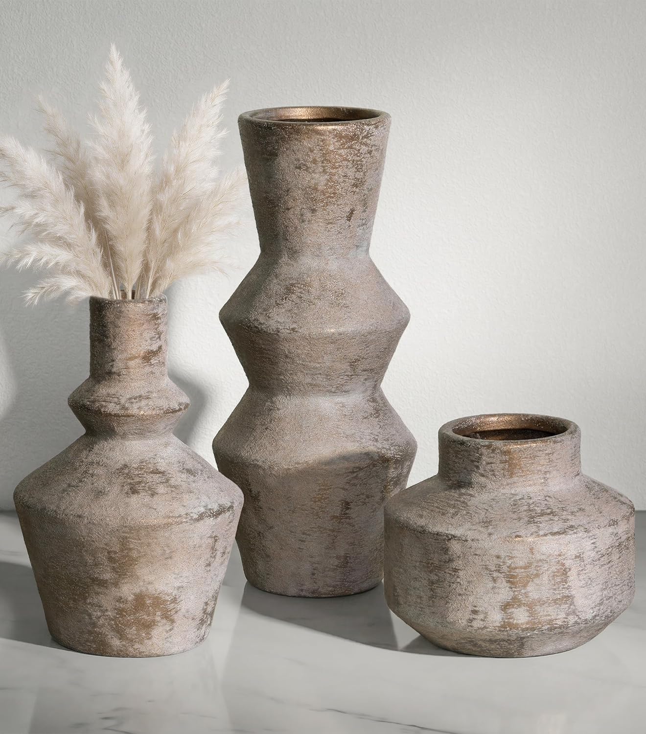 DREAMLOOM Ceramic Vase Set of 3, Modern Rustic Flower Vases for Pampas Grass, Dried & Fresh Flowers, Farmhouse Decorative Vase for Living Room Bedroom Kitchen Shelf Centerpiece, Rust