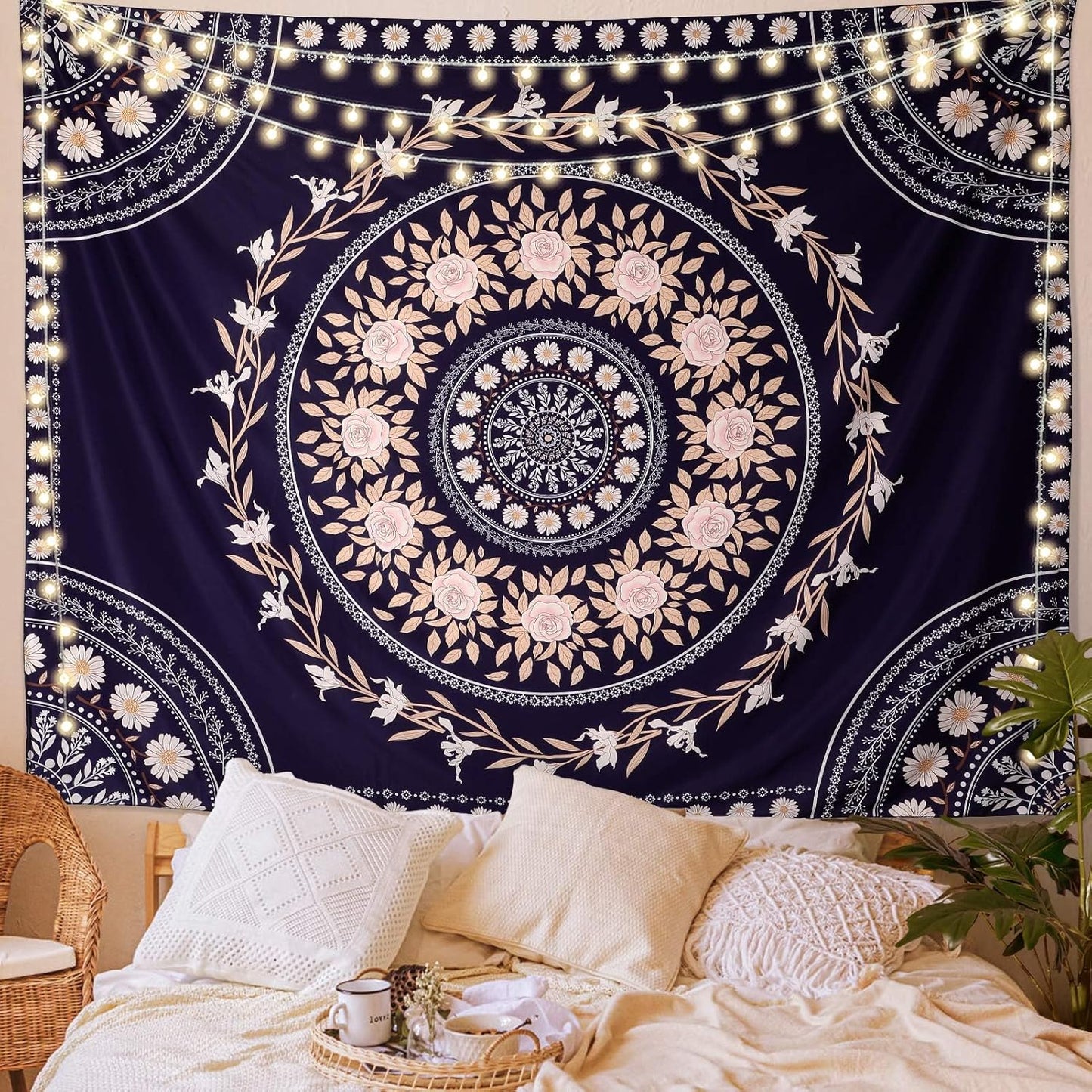 Wall Tapestry for Bedroom Aesthetic Pink Mandala Wall Hanging Large Boho Trippy Tapestries Bohemian Art Tapistry Hippie Floral Tapastry Decor For Bedroom Ceiling Living Room Dorm (60ʺ × 60ʺ)
