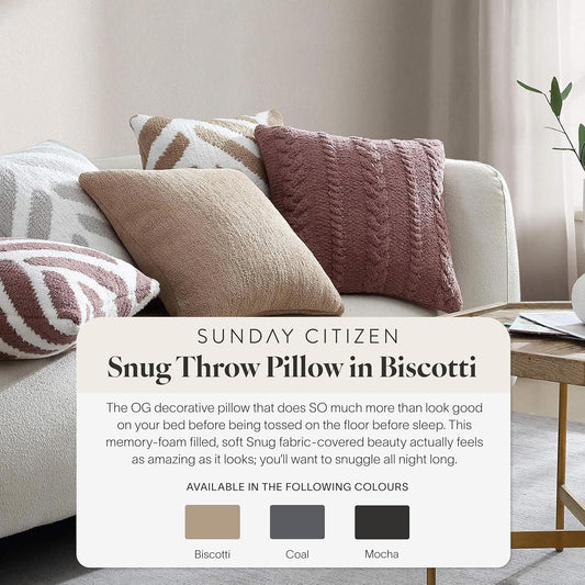 Sunday Citizen Snug Throw Pillow – Soft Memory Foam Decorative Pillow, Plush Snug Fabric Cover, Cozy Sofa & Bed Pillow, Washable Cover, Luxury Throw Pillow (Biscotti)