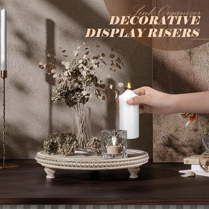 EOSAHR Round Pine Wooden Display Riser - Beaded Wood Riser for Plant, Sponge Holder & Perfume Organizer - Rustic Display Stand Kitchen Counter Organizer, Boho Chic Home Decor for Living Room(Brown)