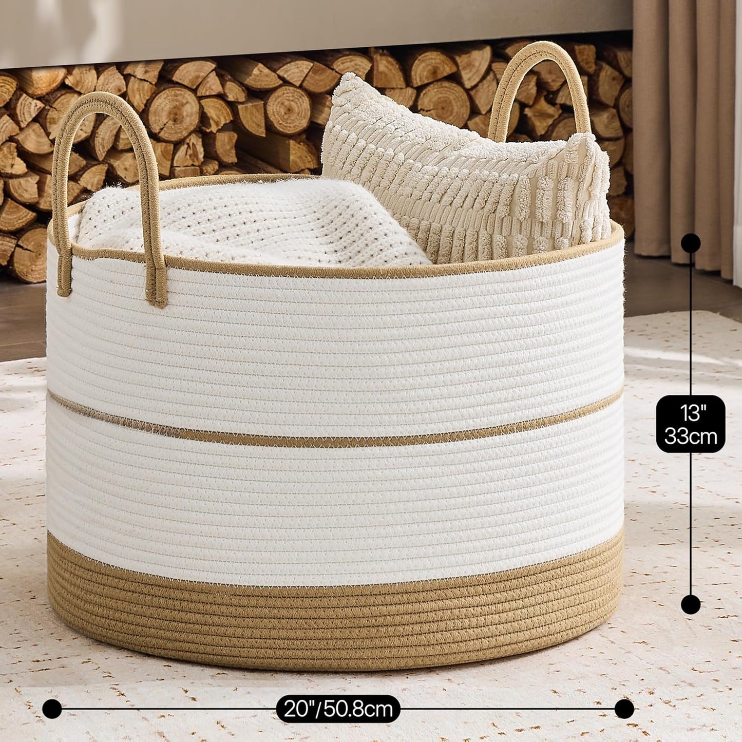 KAKAMAY Large Blanket Basket (20"x13"),Woven Baskets for storage Baby Laundry Hamper, Cotton Rope Blanket Basket for Living Room, Laundry, Nursery, Pillows, Baby Toy chest (White/Brown)