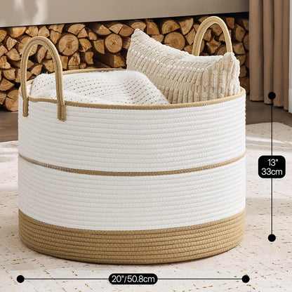 KAKAMAY Large Blanket Basket (20"x13"),Woven Baskets for storage Baby Laundry Hamper, Cotton Rope Blanket Basket for Living Room, Laundry, Nursery, Pillows, Baby Toy chest (White/Brown)