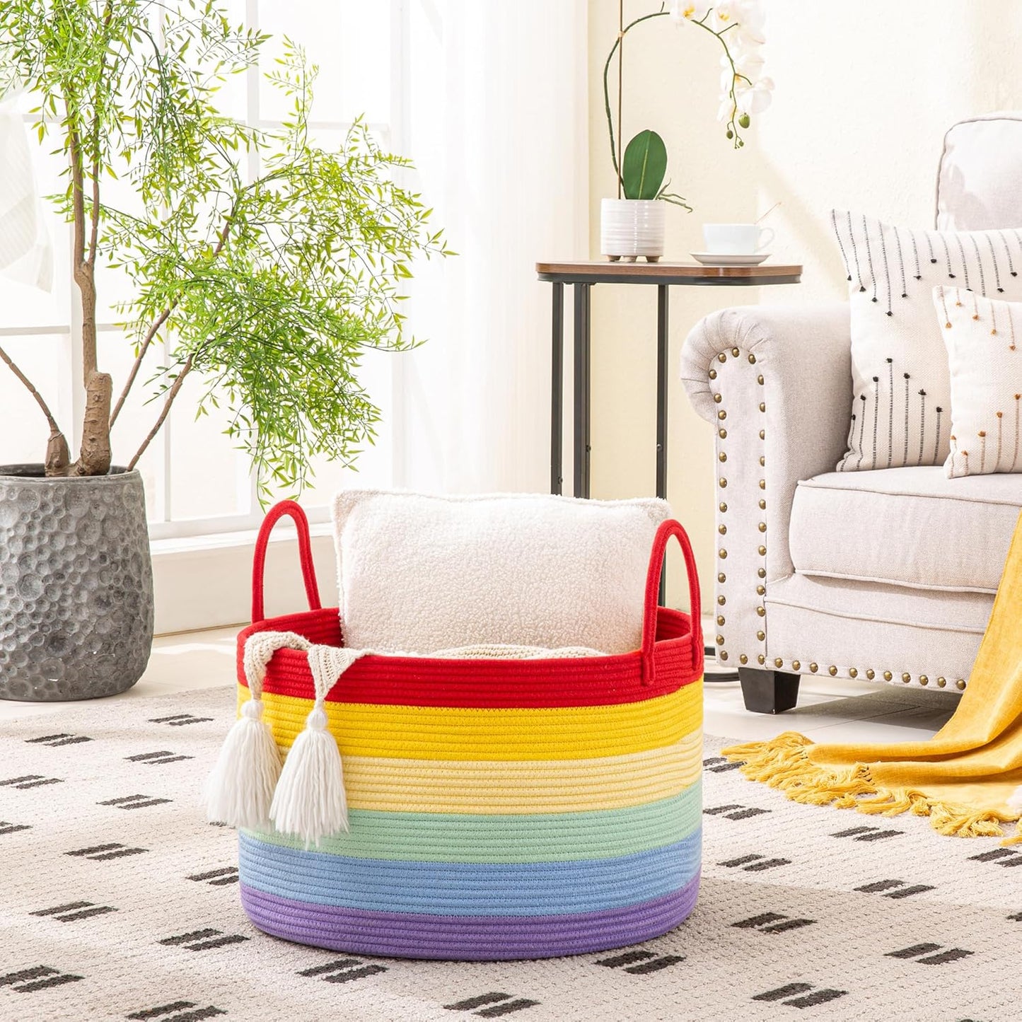 KAKAMAY Large Blanket Basket (20"x13"),Woven Baskets for storage Baby Laundry Hamper, Cotton Rope Blanket Basket for Living Room, Laundry, Nursery, Pillows, Baby Toy chest (White/Brown)
