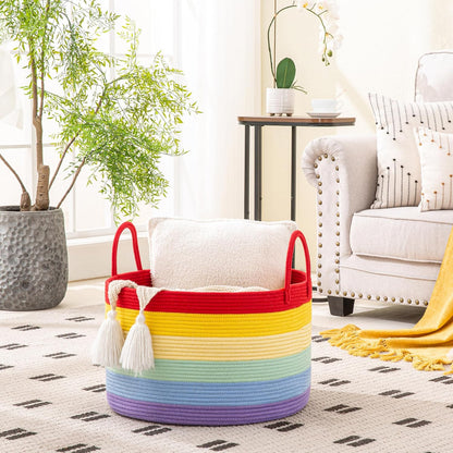 KAKAMAY Large Blanket Basket (20"x13"),Woven Baskets for storage Baby Laundry Hamper, Cotton Rope Blanket Basket for Living Room, Laundry, Nursery, Pillows, Baby Toy chest (White/Brown)