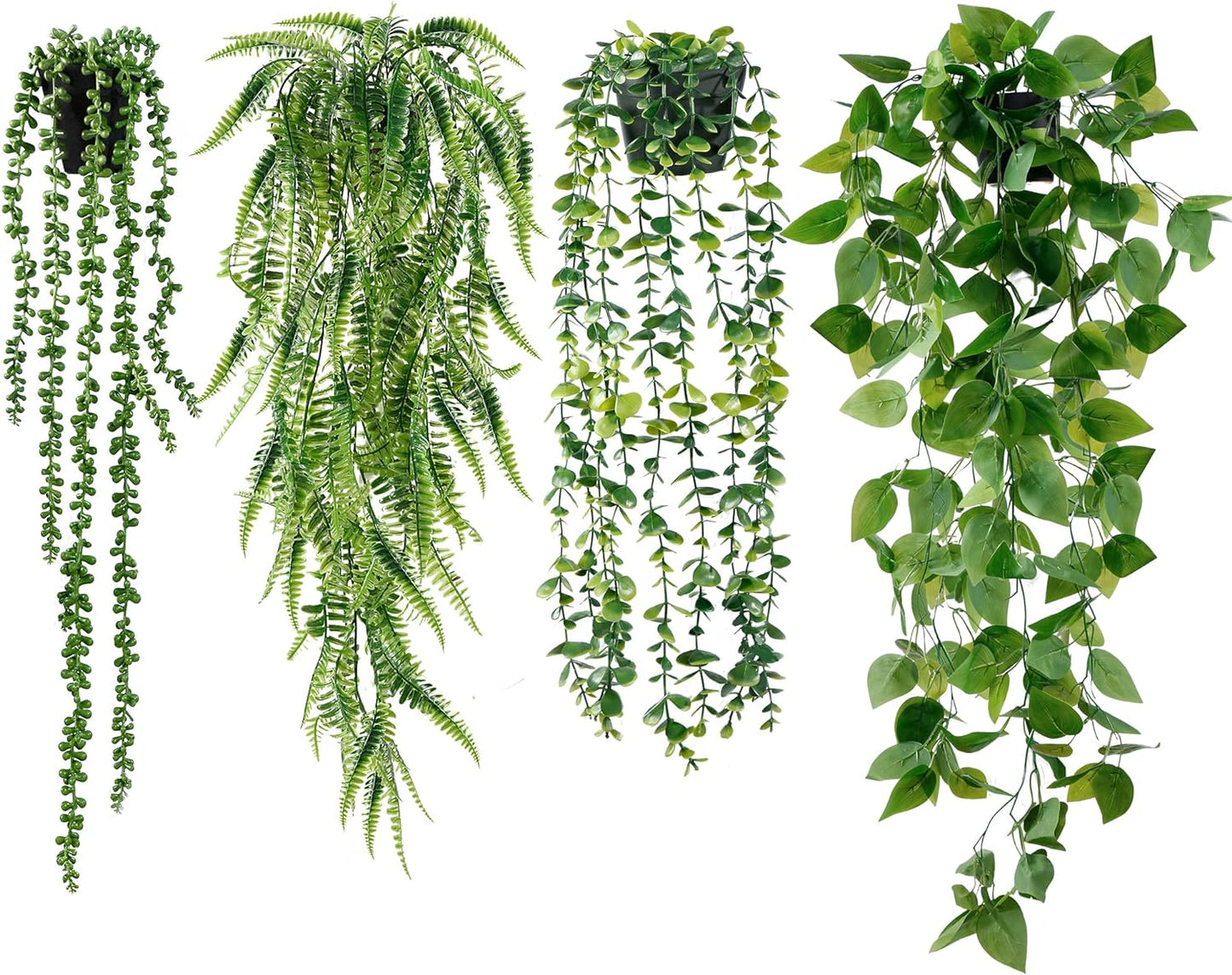 Sggvecsy Fake Hanging Plants 6 Pack Artificial Hanging Eucalyptus Plants Potted Greenery Faux Mandala Vine String of Pearls Boston Fern Ivy Vine Leaves Pea Pod for Home Indoor Outdoor Shelf Wall Decor