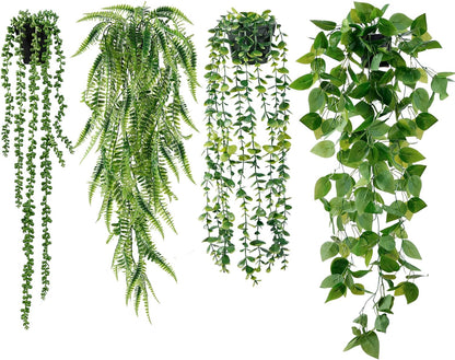 Sggvecsy Fake Hanging Plants 6 Pack Artificial Hanging Eucalyptus Plants Potted Greenery Faux Mandala Vine String of Pearls Boston Fern Ivy Vine Leaves Pea Pod for Home Indoor Outdoor Shelf Wall Decor