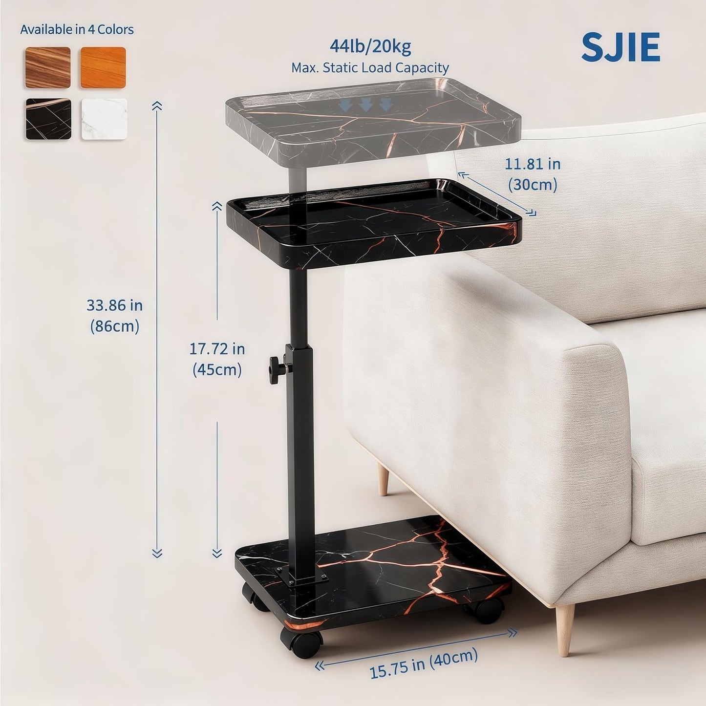 C Table End Table Adjustable Height, 360°Swivel TV Tray Table for Small Spaces, Side Tables with Wheels for Living Room and Bedroom, Bed (Walnut)